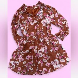 Floral Burnt Orange and Pink Boho Long Sleeve Dress